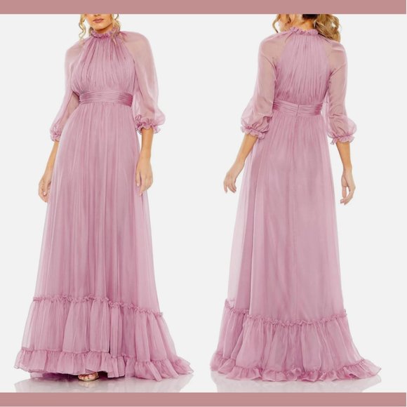 NWD Mac Duggal [ 10 ] Chiffon‎ Ruched Illusion Raglan Sleeve Ruffled Gown Q578 - Picture 3 of 16